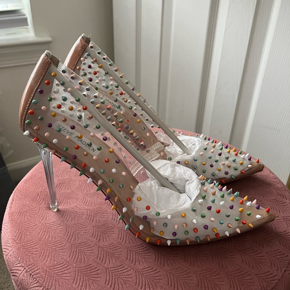 Steve Madden White Pointed Toe Heels with Multicolor Stud Spikes - Picture 2 of 5